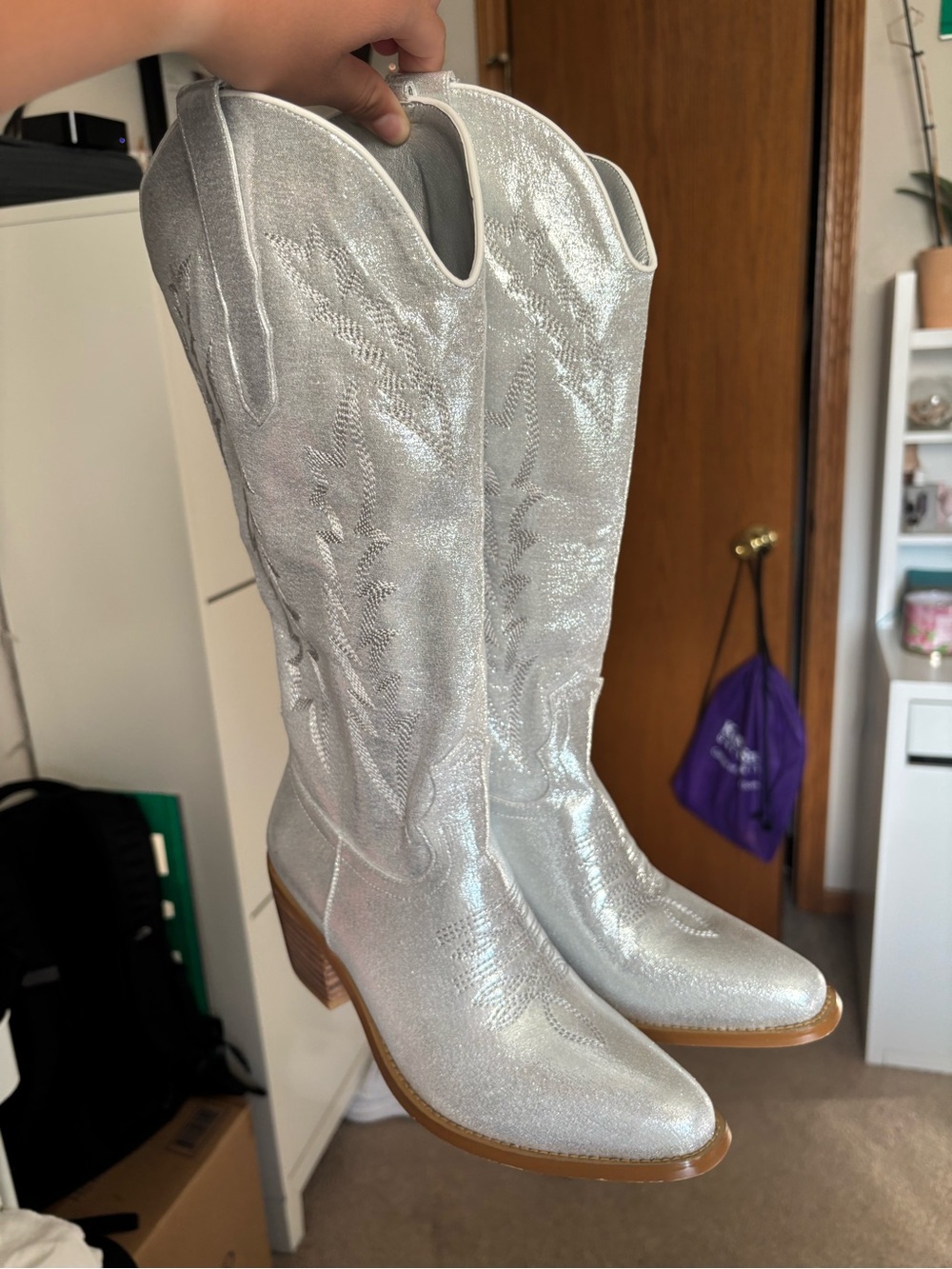 Women's Silver Western Cowboy Boots - Metallic Knee-High